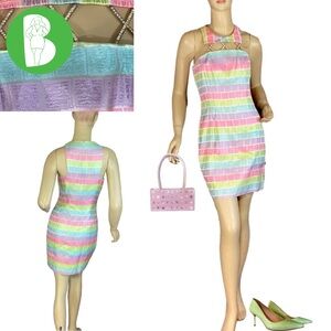 VINTAGE 1990'S CACHE MULTI-COLOR PASTEL W/RHINESTONE CUT OUTS SHEATH DRESS (2)